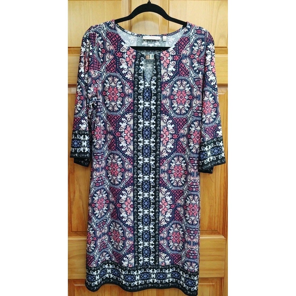 Maria Gabrielle Women's Large Navy Pink Liquid Knit 3/4 Sleeves Pullover Dress